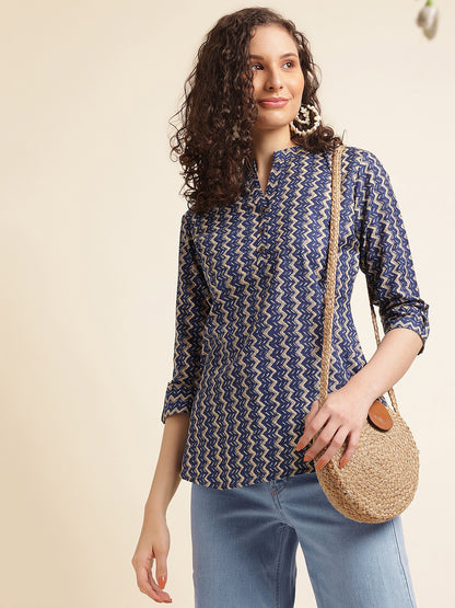 Blue Printed Straight Cotton Blend Top