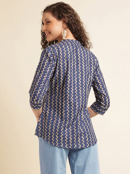 Blue Printed Straight Cotton Blend Top