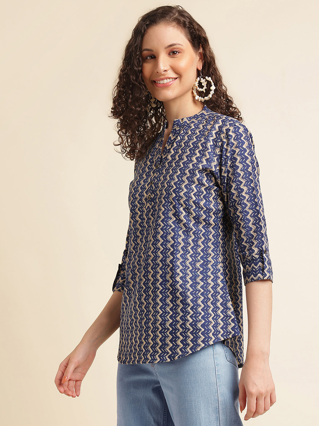 Blue Printed Straight Cotton Blend Top