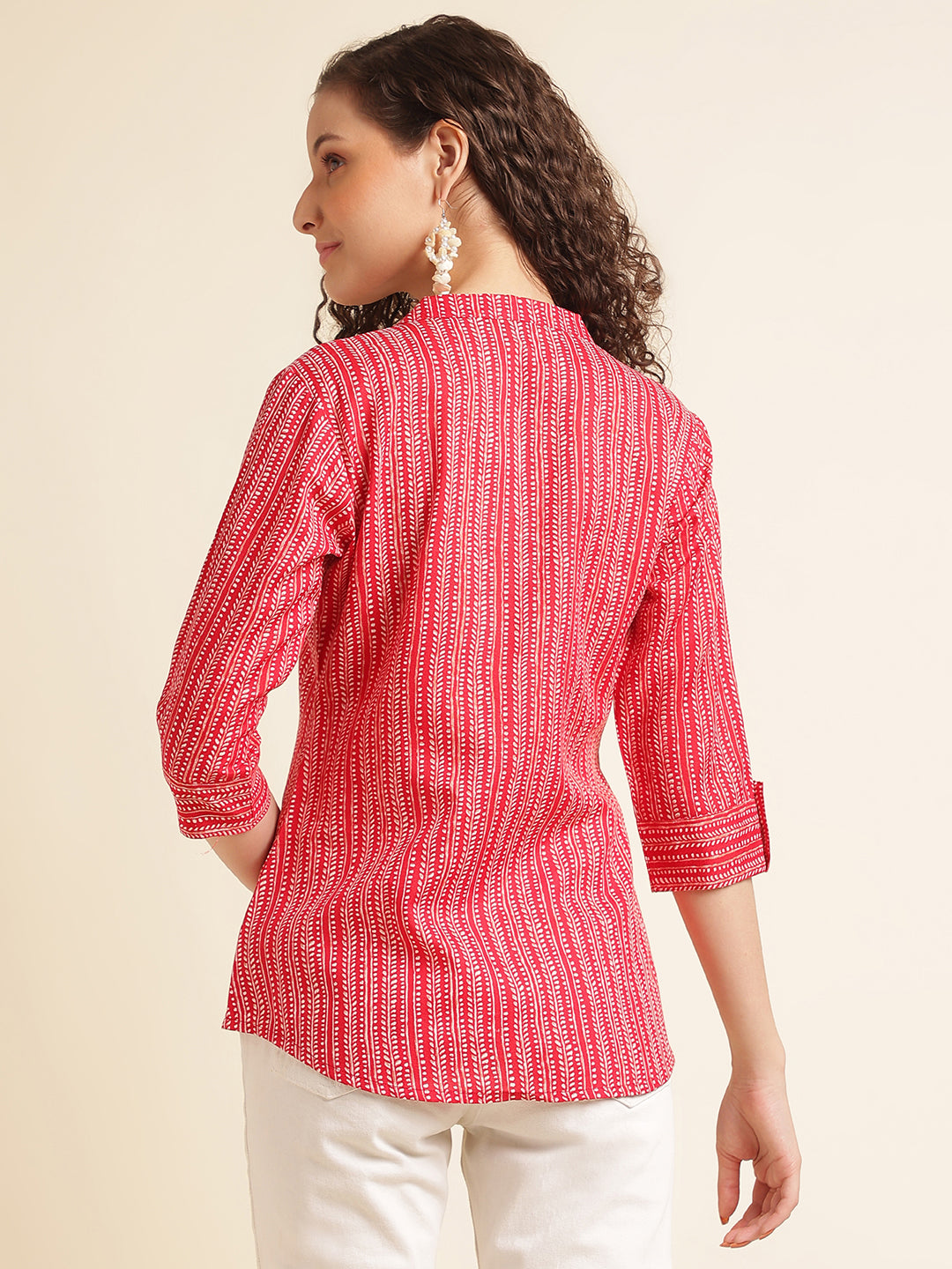 Red Printed Straight Cotton Blend Top