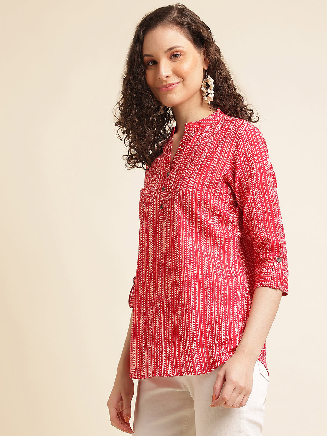 Red Printed Straight Cotton Blend Top