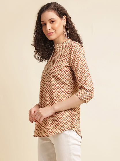 Mustard Printed Cotton Blend Mandarin Neck Top