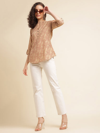 Mustard Printed Cotton Blend Mandarin Neck Top