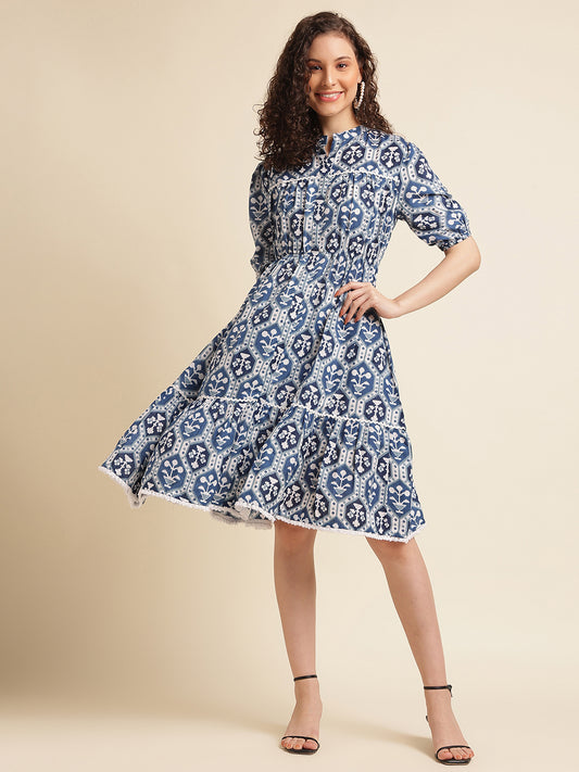 Blue Motifs Printed Ethnic Dress