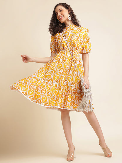 Yellow Motifs Printed Ethnic Dress