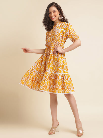 Yellow Motifs Printed Ethnic Dress