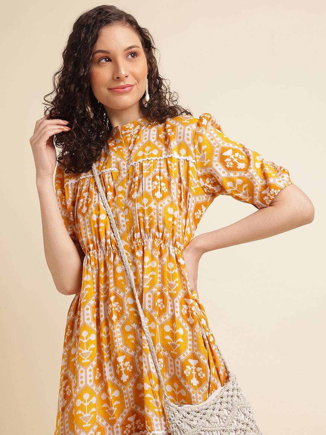 Yellow Motifs Printed Ethnic Dress