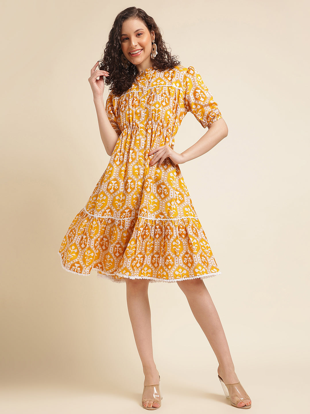 Yellow Motifs Printed Ethnic Dress