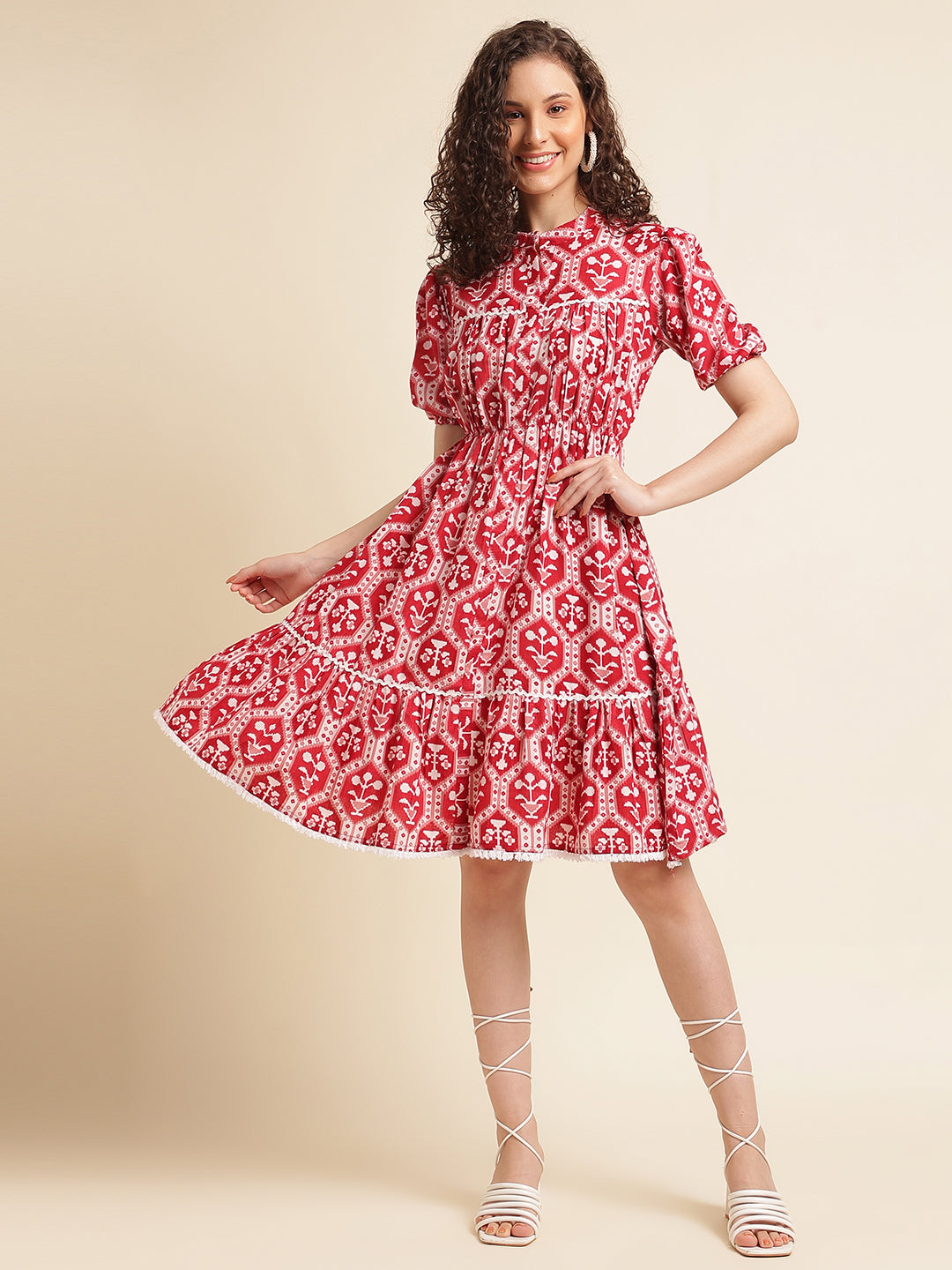 Red Motifs Printed Ethnic Dress