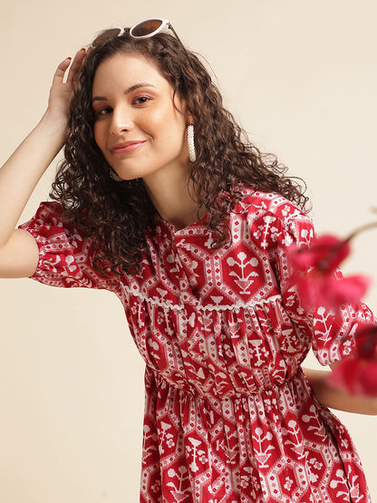 Red Motifs Printed Ethnic Dress