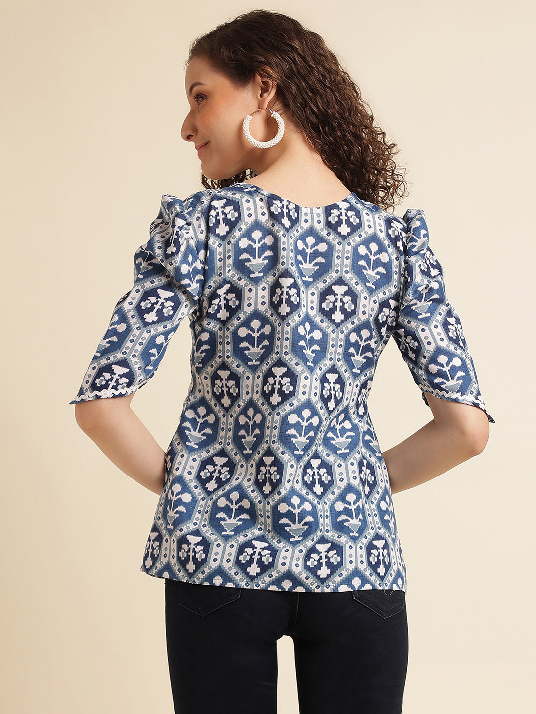 Blue Printed Straight Cotton Blend V-Neck Top