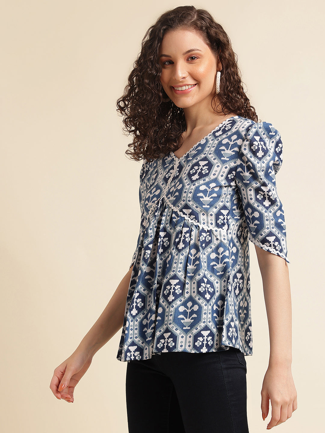 Blue Printed Straight Cotton Blend V-Neck Top