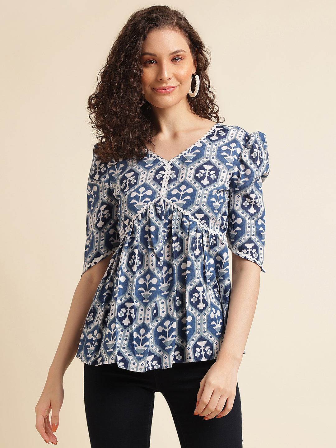 Blue Printed Straight Cotton Blend V-Neck Top