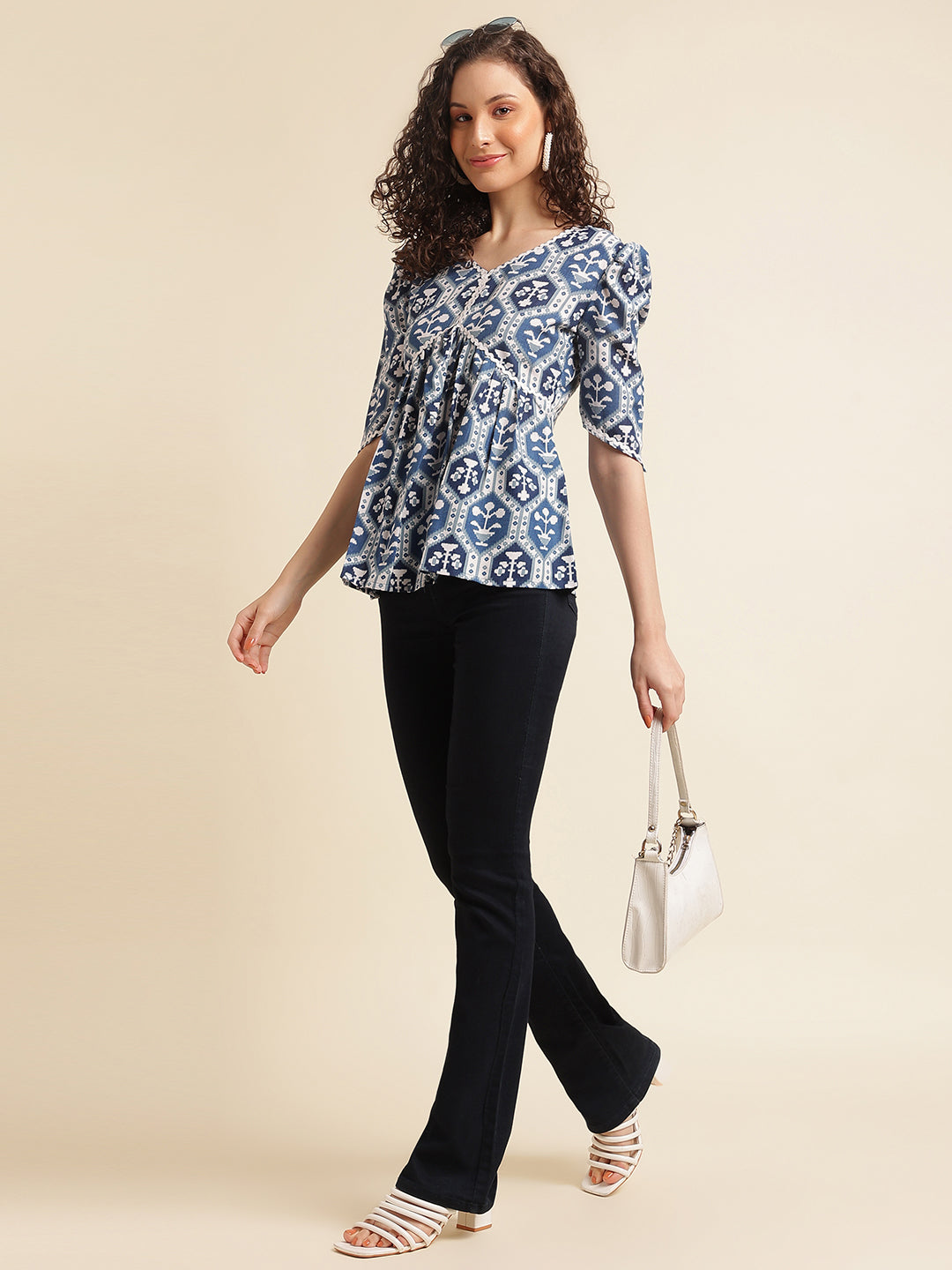 Blue Printed Straight Cotton Blend V-Neck Top