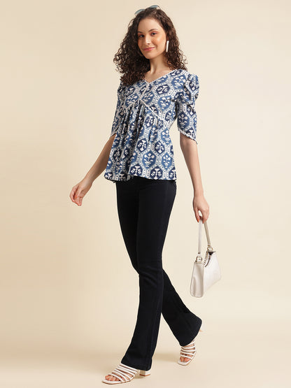 Blue Printed Straight Cotton Blend V-Neck Top