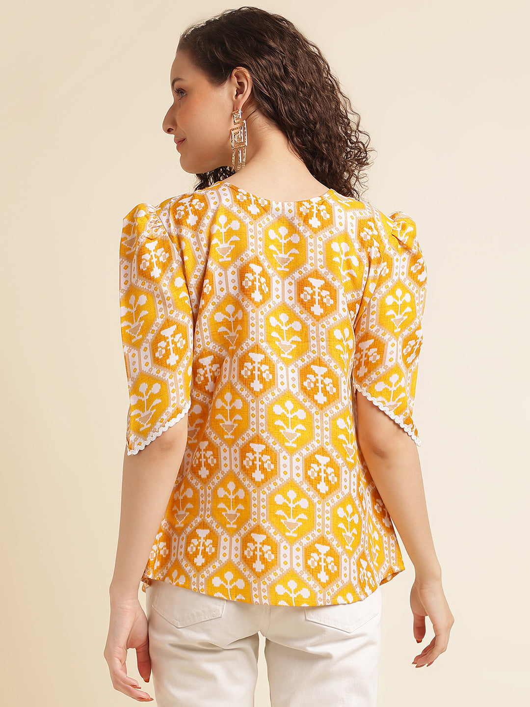 Yellow Printed Straight Cotton Blend V-Neck Top