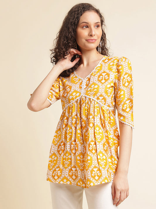 Yellow Printed Straight Cotton Blend V-Neck Top