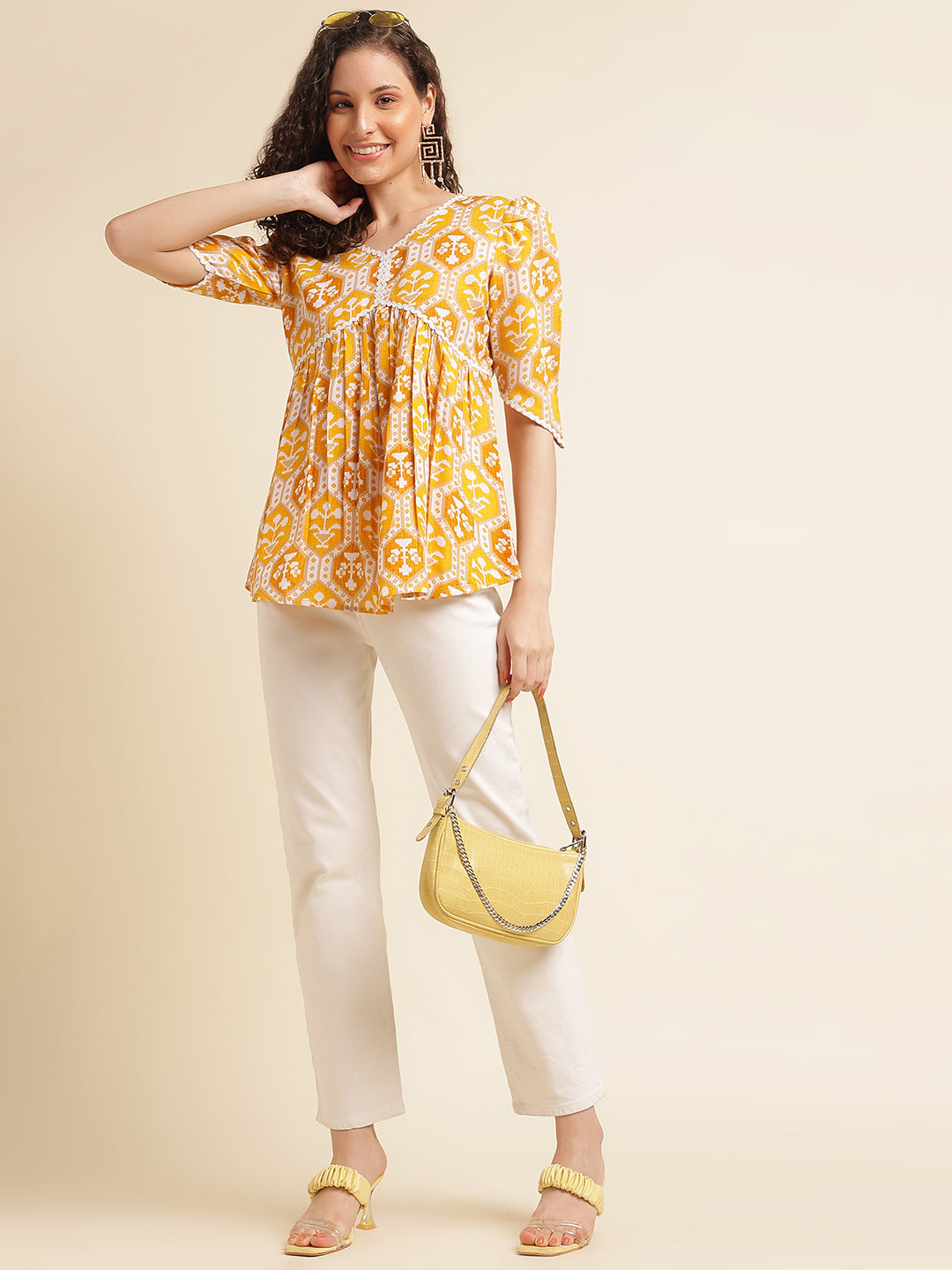 Yellow Printed Straight Cotton Blend V-Neck Top