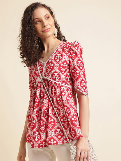 Red Printed Straight Cotton Blend V-Neck Top