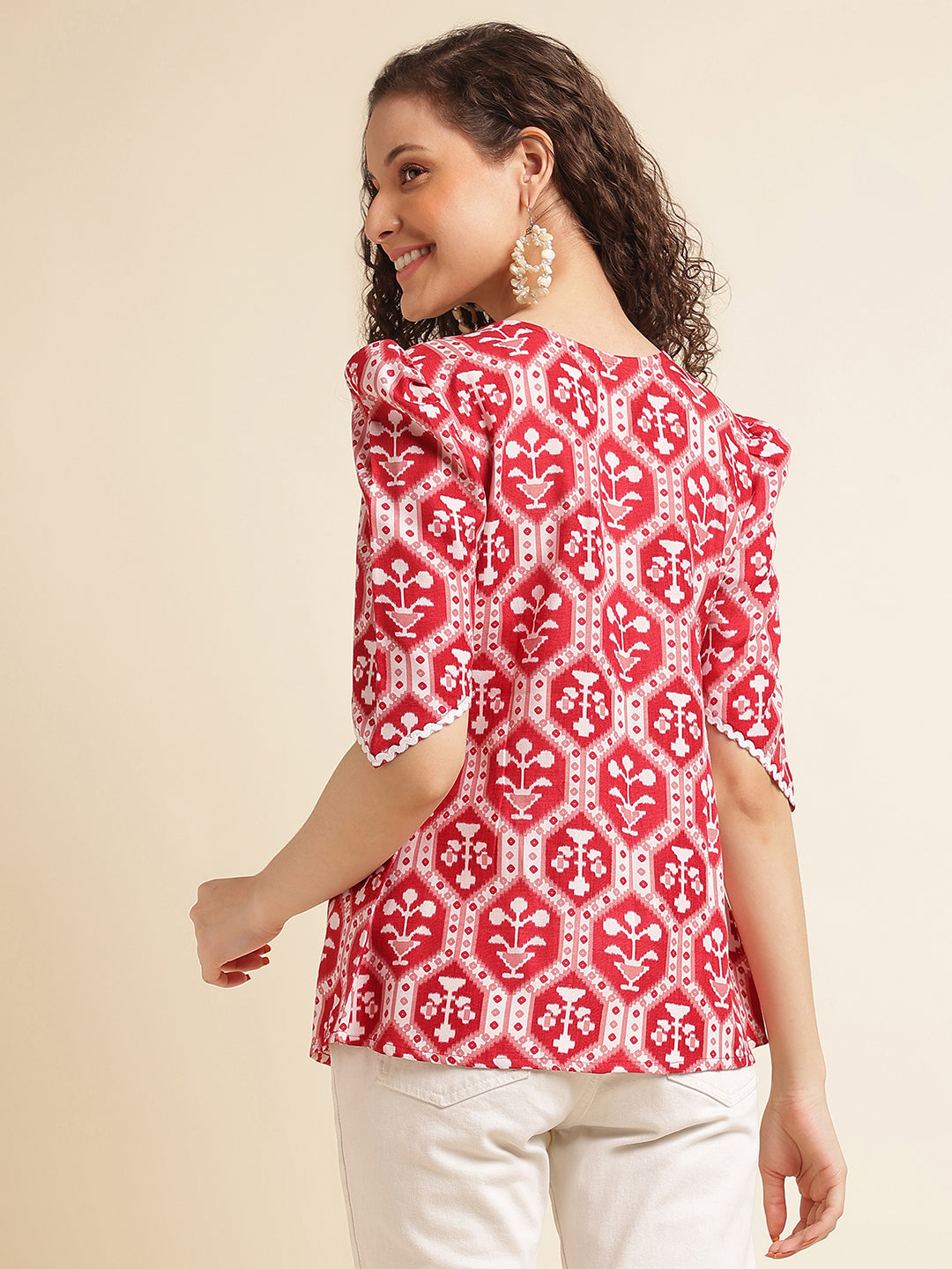 Red Printed Straight Cotton Blend V-Neck Top