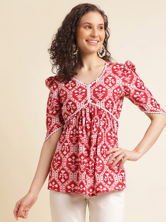 Red Printed Straight Cotton Blend V-Neck Top