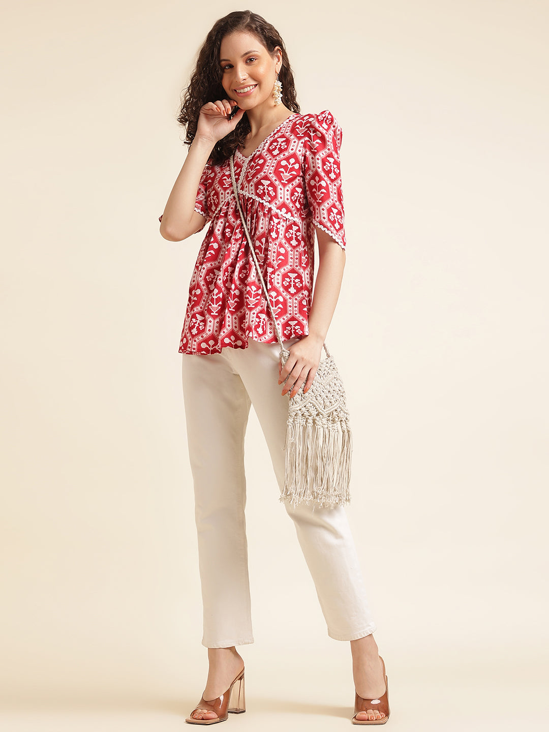 Red Printed Straight Cotton Blend V-Neck Top