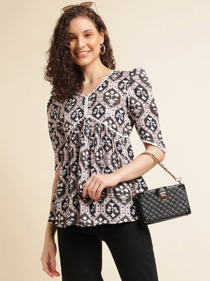 Brown Printed Straight Cotton Blend V-Neck Top