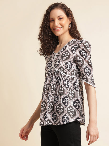 Brown Printed Straight Cotton Blend V-Neck Top