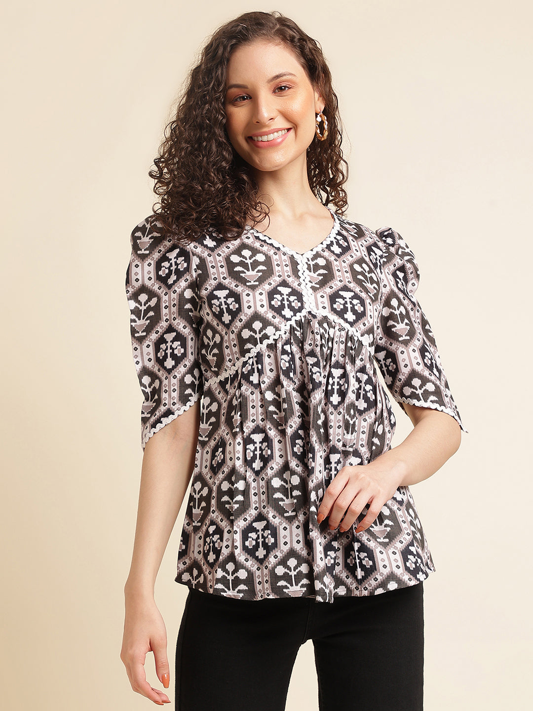 Brown Printed Straight Cotton Blend V-Neck Top