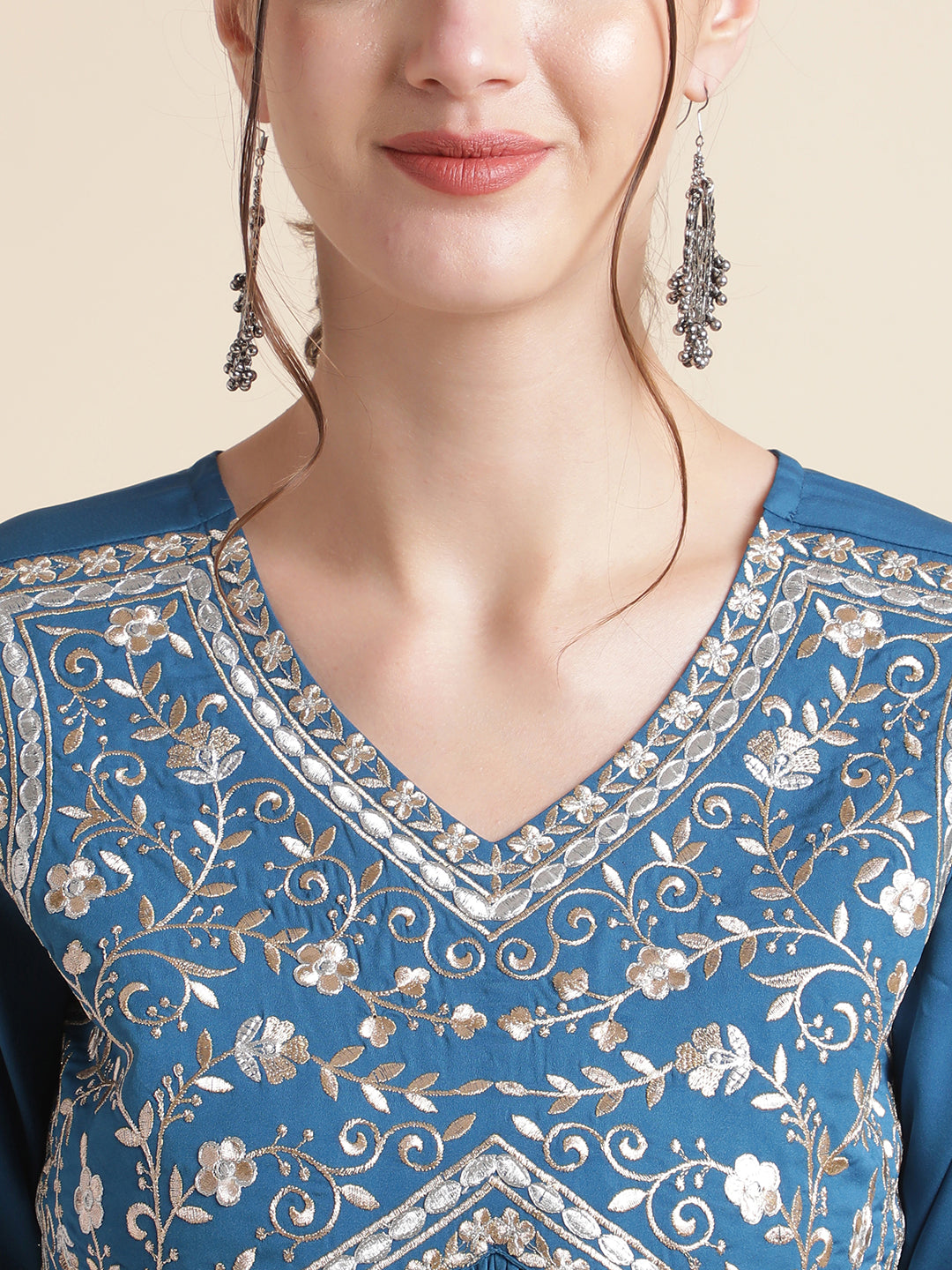 Blue Embroidered Work Crepe Kurta Set