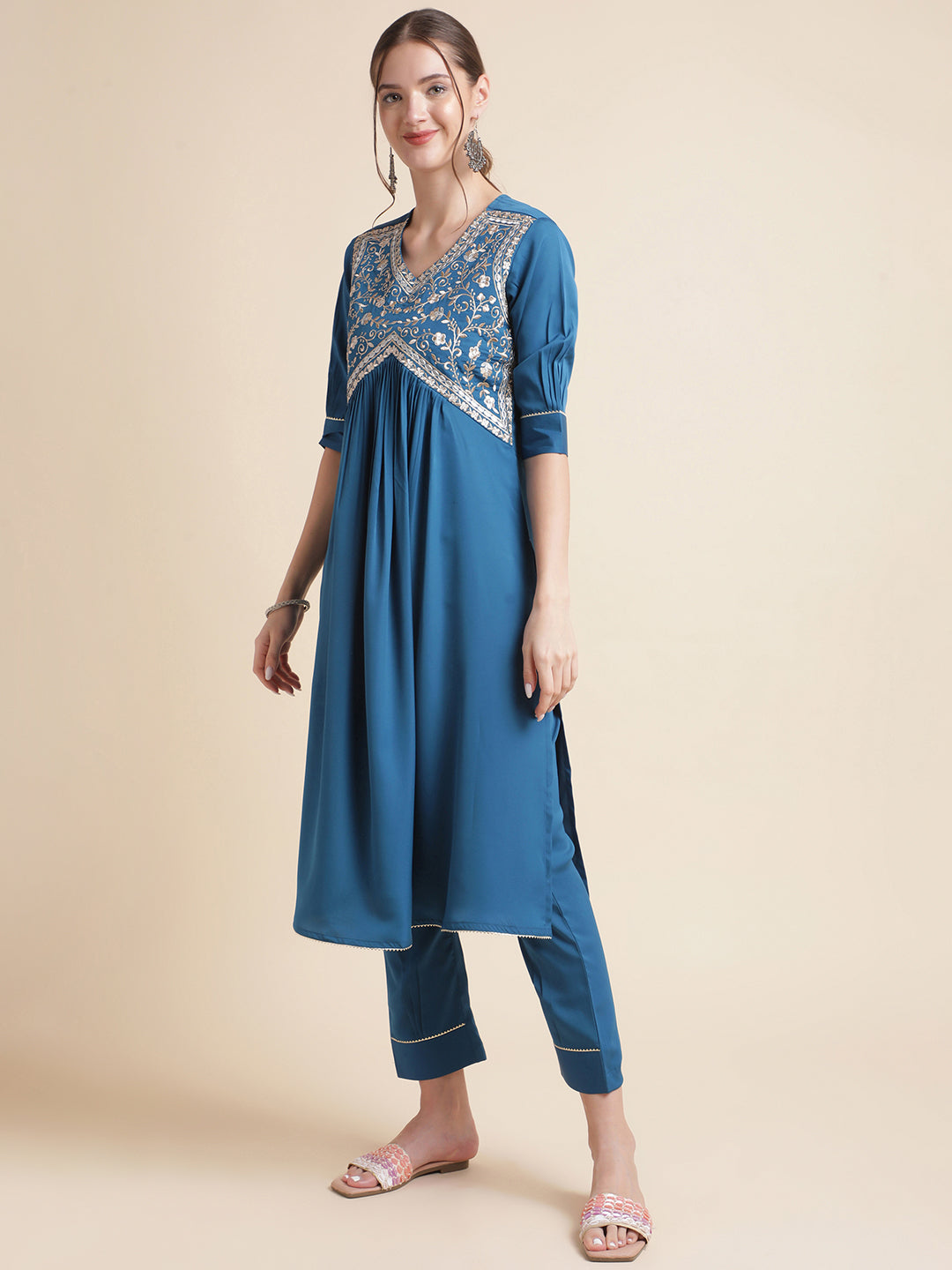 Blue Embroidered Work Crepe Kurta Set