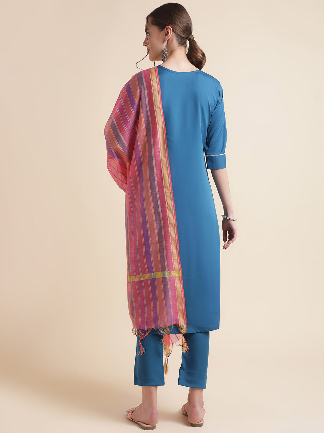 Blue Embroidered Work Crepe Kurta Set