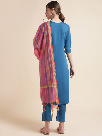 Blue Embroidered Work Crepe Kurta Set