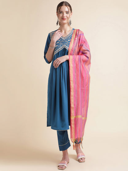 Blue Embroidered Work Crepe Kurta Set