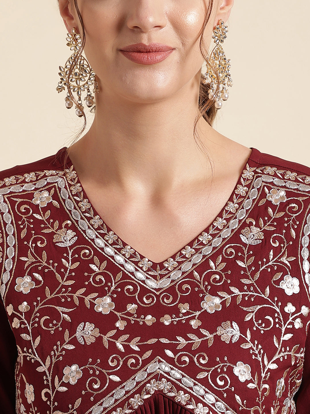 Maroon Embroidered Crepe Kurta Set