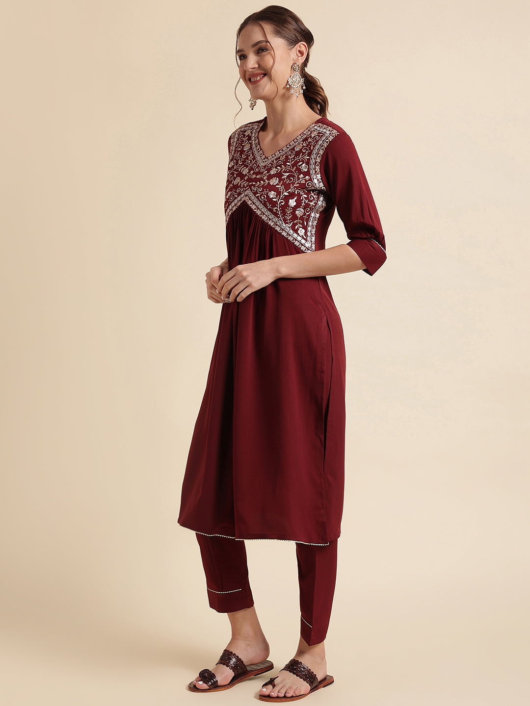 Maroon Embroidered Crepe Kurta Set