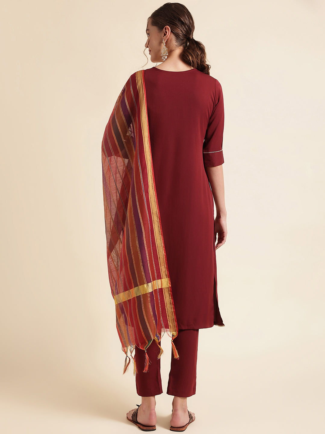 Maroon Embroidered Crepe Kurta Set