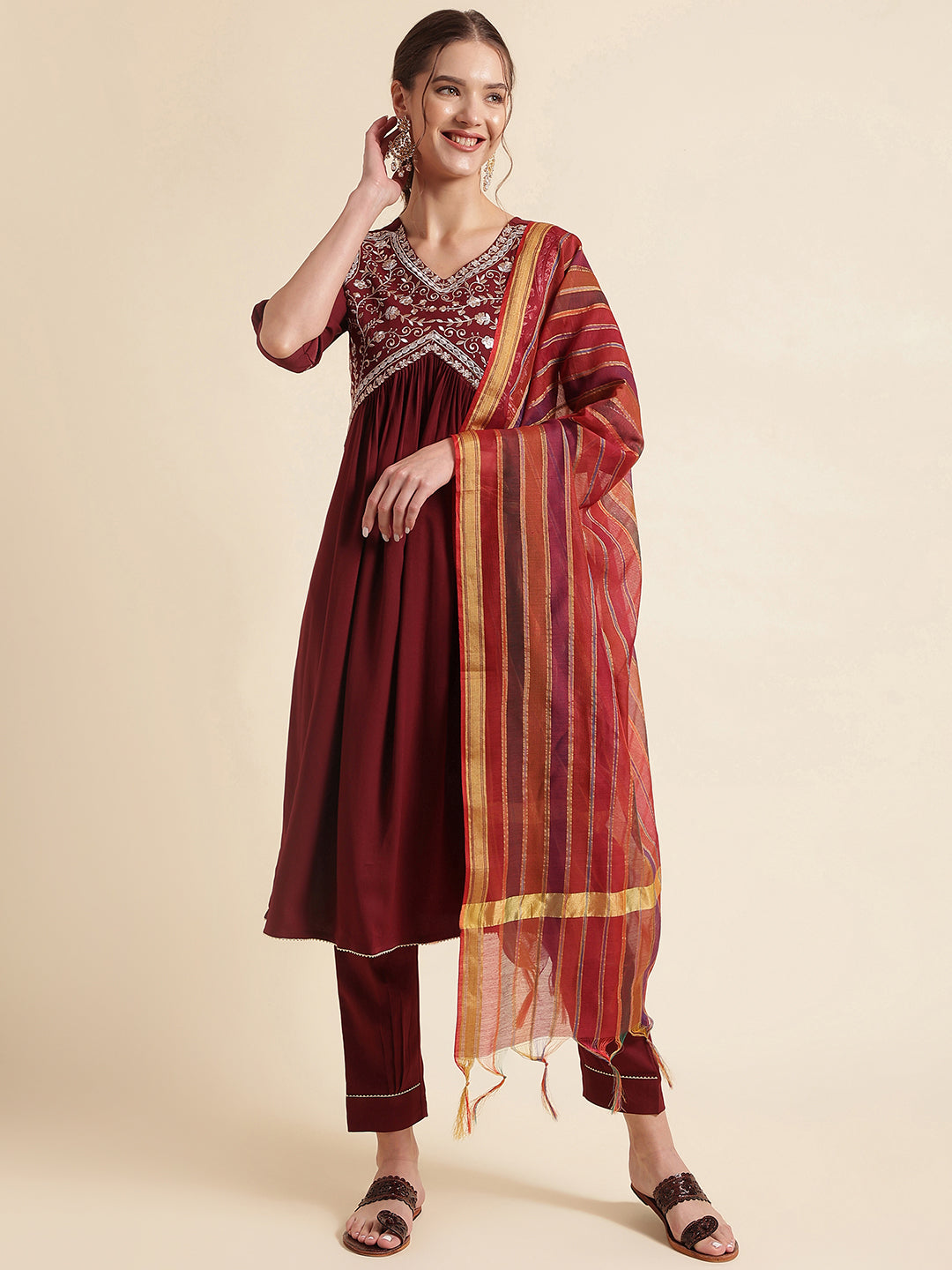 Maroon Embroidered Crepe Kurta Set