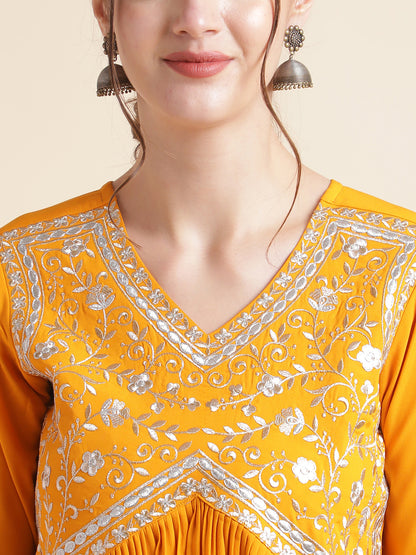 Mustard Embroidered Crepe Kurta Set