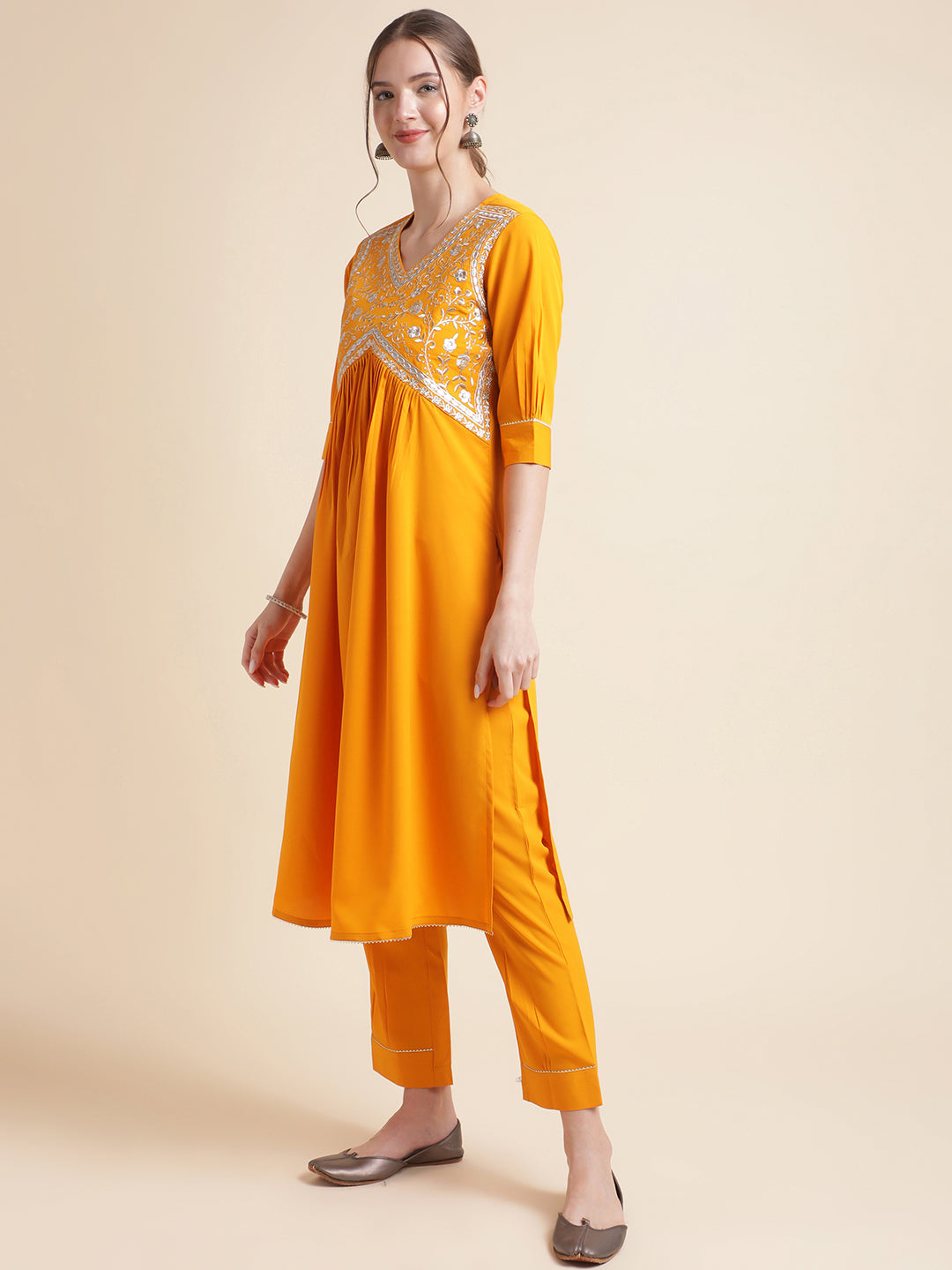 Mustard Embroidered Crepe Kurta Set