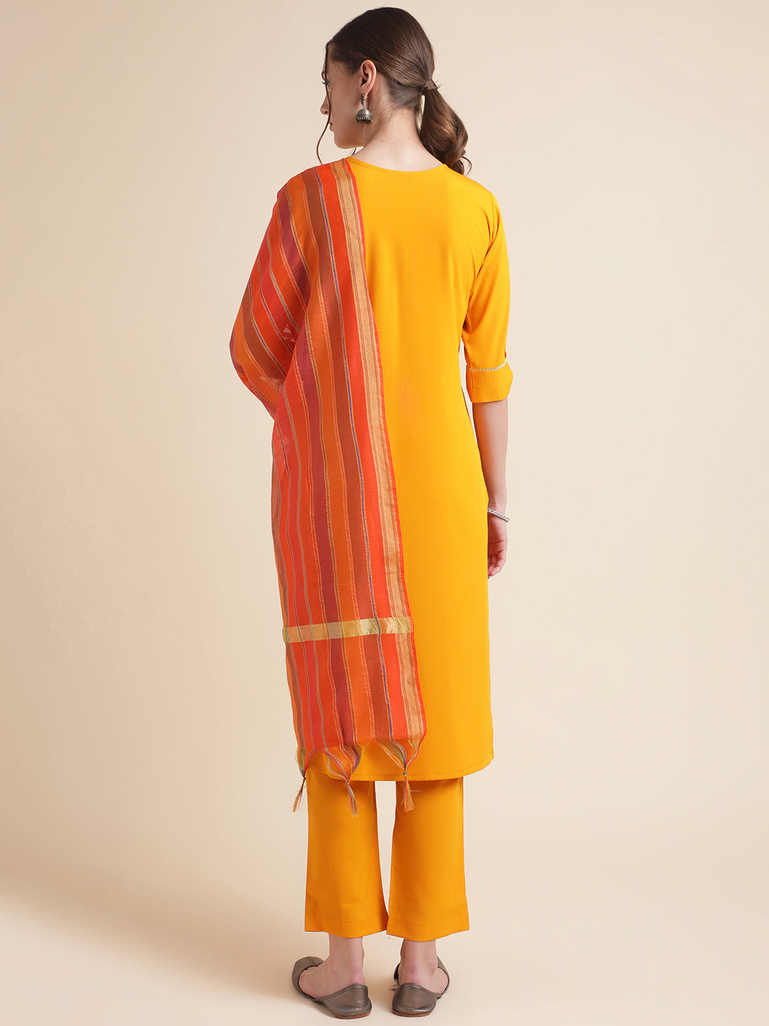 Mustard Embroidered Crepe Kurta Set