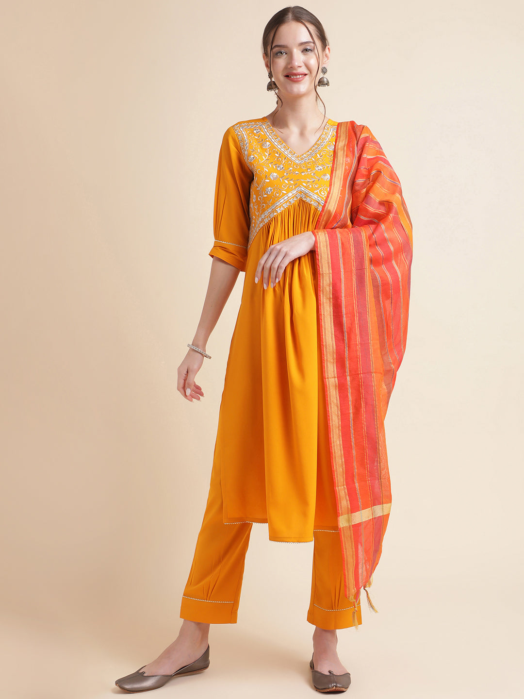 Mustard Embroidered Crepe Kurta Set