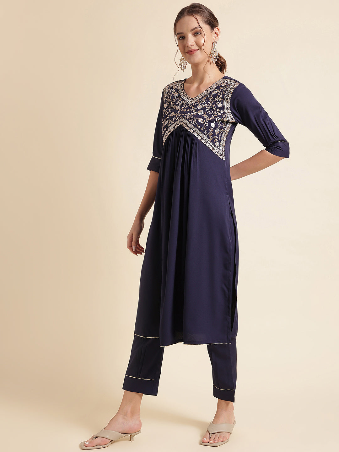 Navy Blue Embroidered Crepe Kurta Set