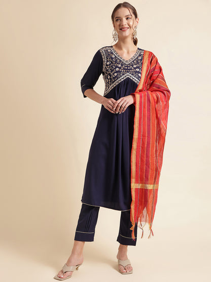 Navy Blue Embroidered Crepe Kurta Set