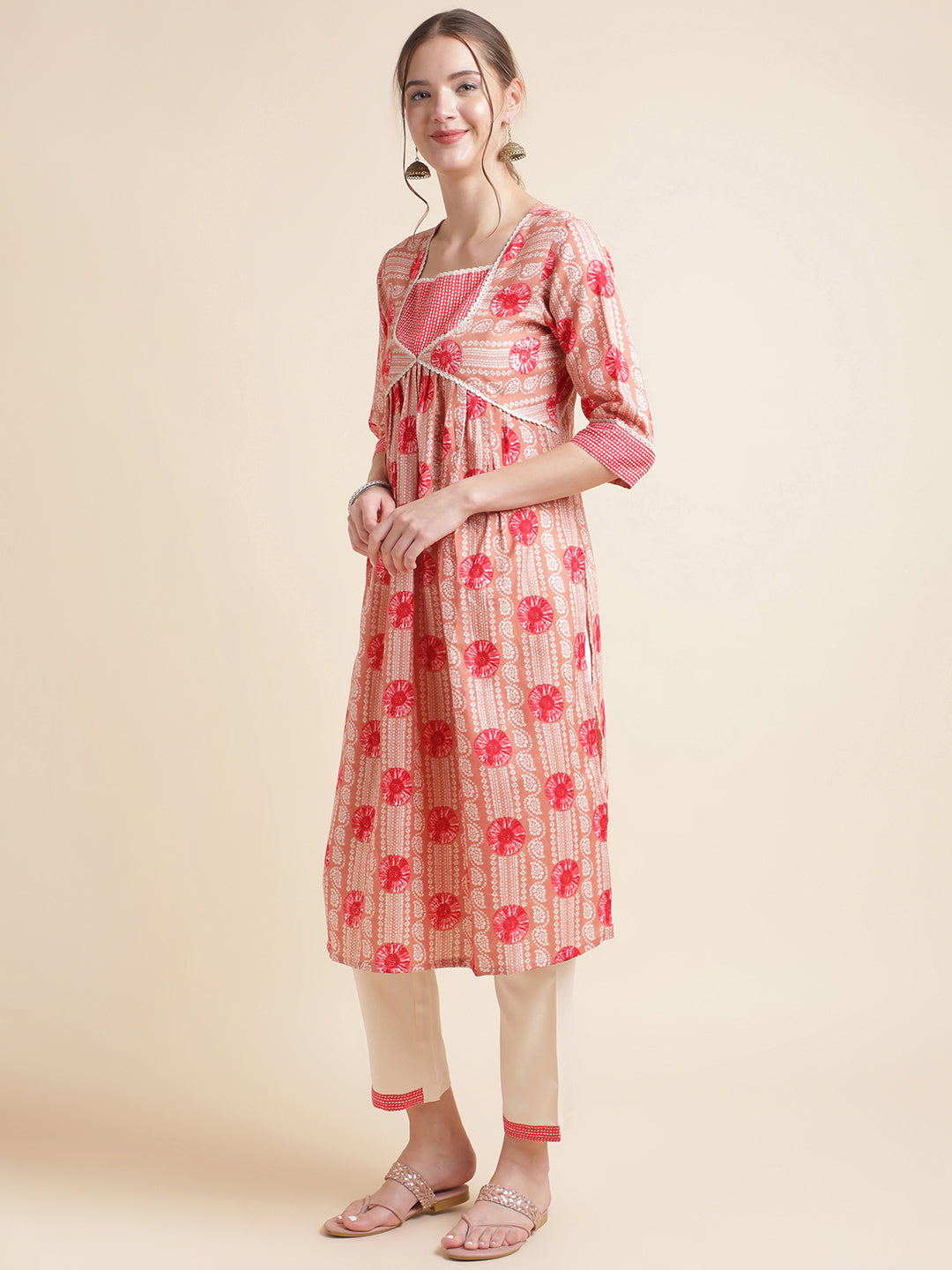 Peach Floral Printed Cotton Blend Kurta Set