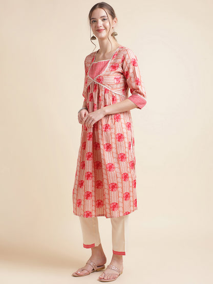 Peach Floral Printed Cotton Blend Kurta Set