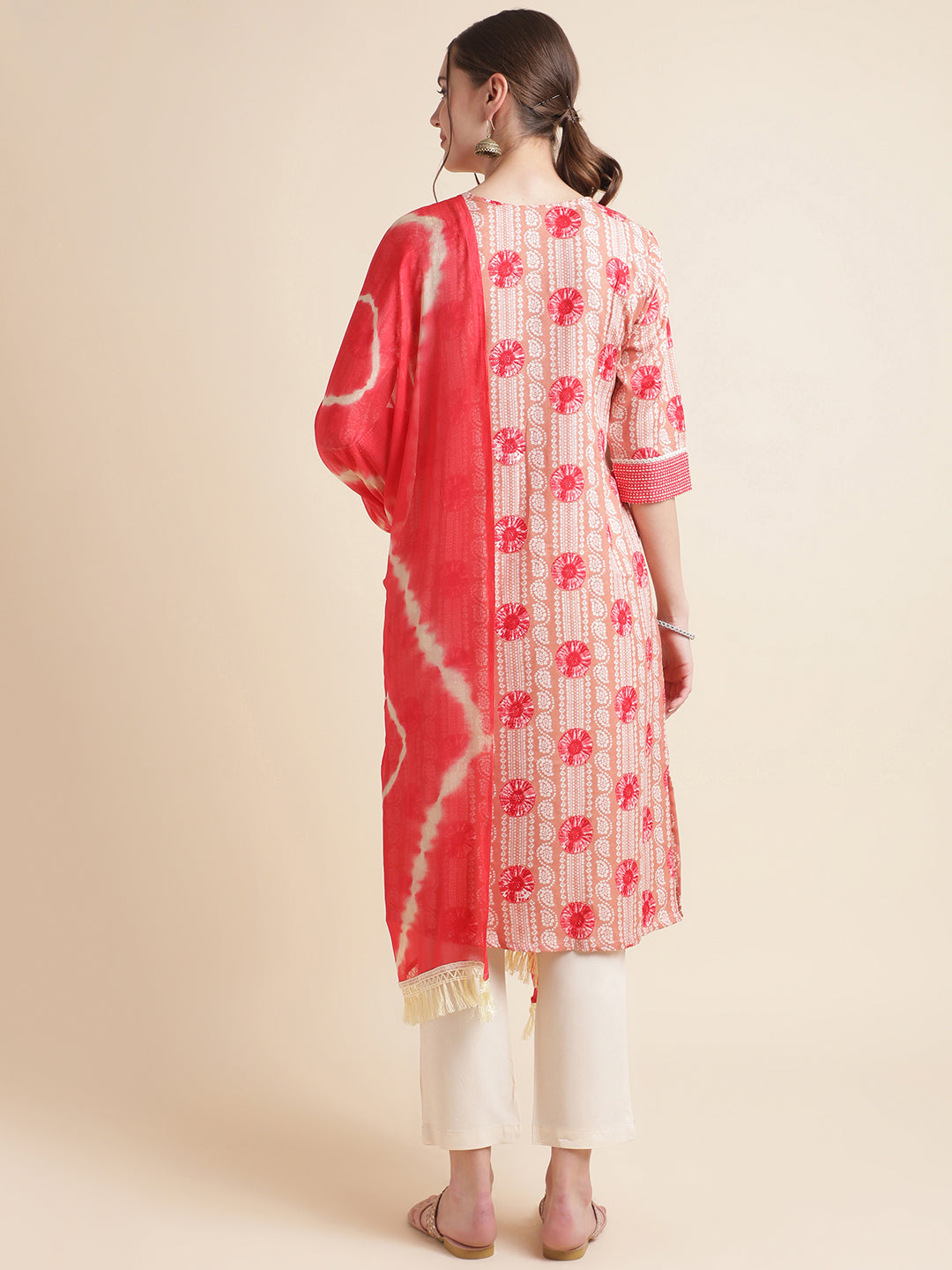 Peach Floral Printed Cotton Blend Kurta Set