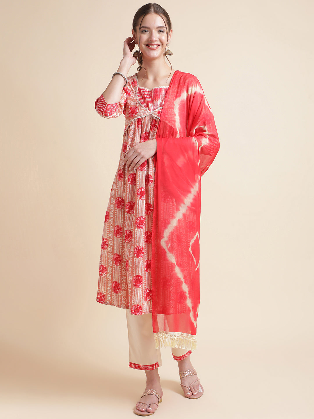 Peach Floral Printed Cotton Blend Kurta Set