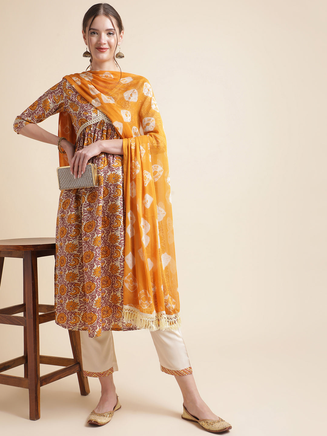 Yellow Embroidered Cotton Blend Round Neck Kurta Set