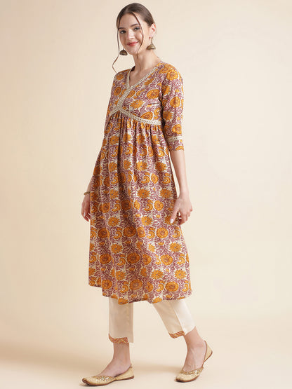 Yellow Floral Printed Cotton Blend Kurta Set